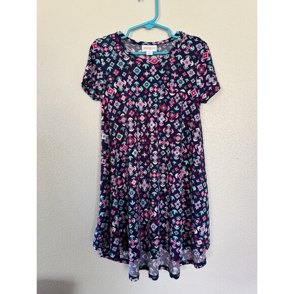 LuLaRoe Scarlett Dress Girls Size 6 Navy With Geometric Print Short Sleeve - Picture 1 of 9